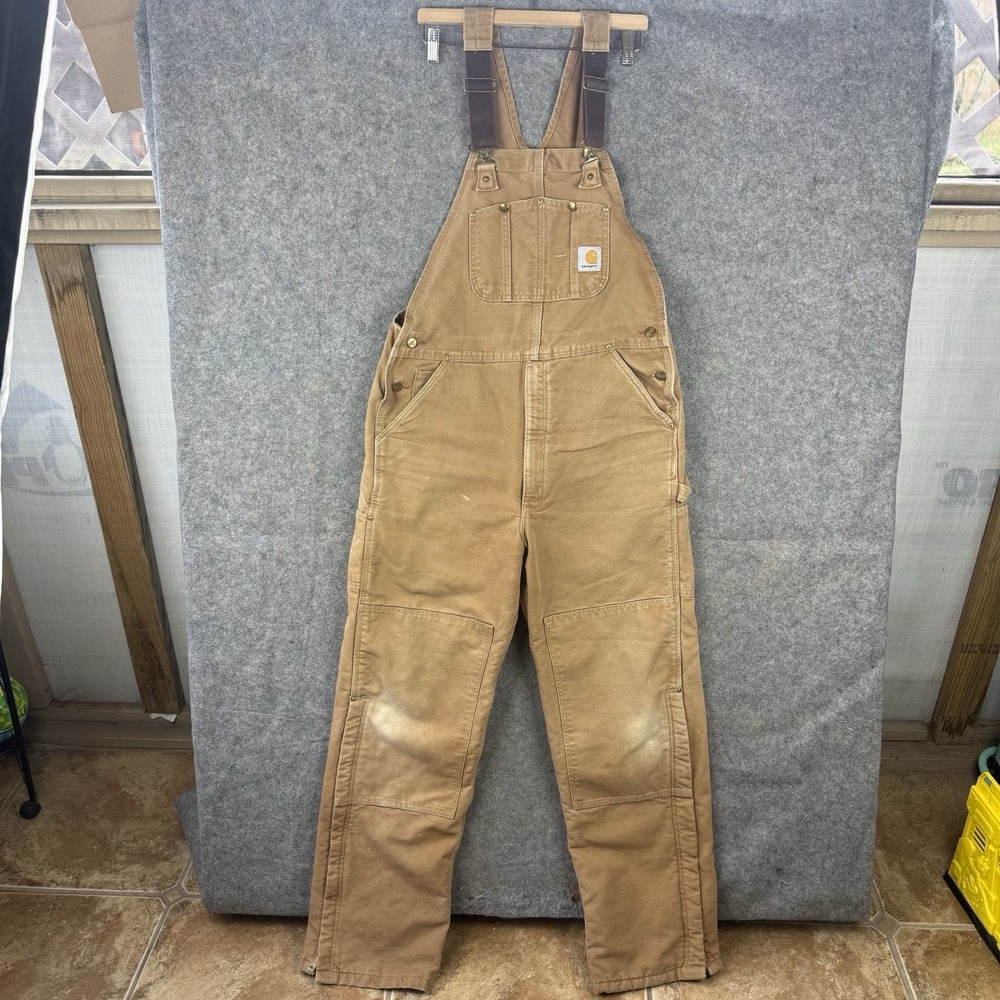 VTG Carhartt Double Knee Bib Overalls Mens 38x34 Brown Duck Insulated USA